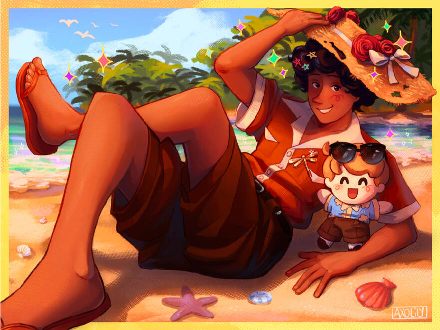 Original character art of Nathan at the beach.