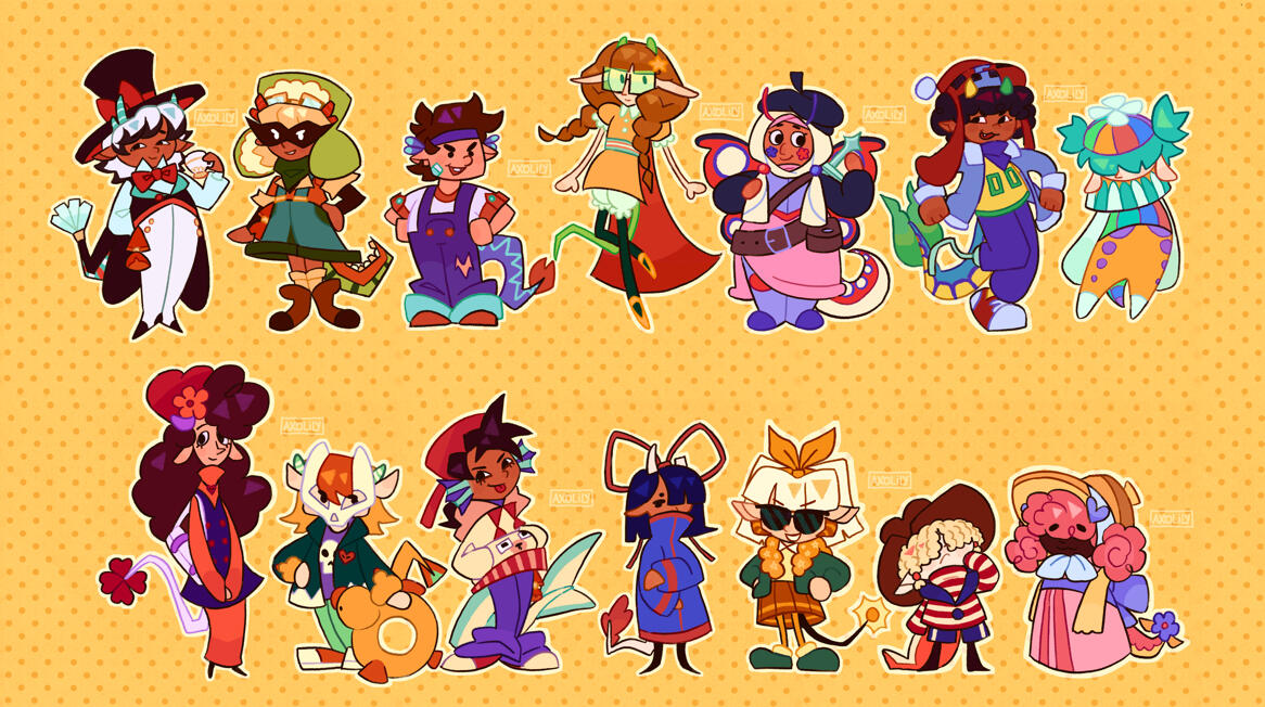 Character designs of 14 of the qsmp eggs as humans.